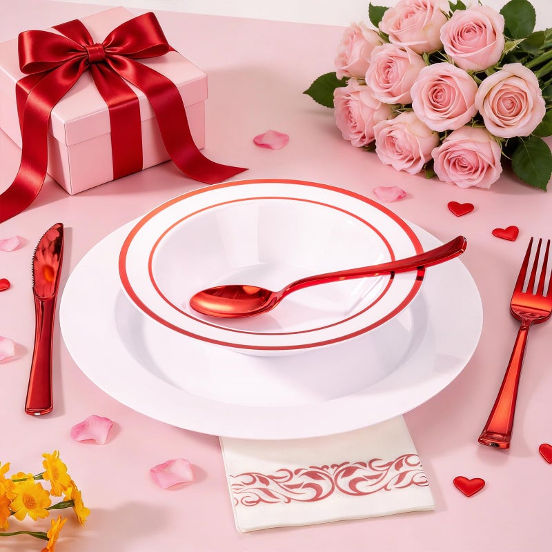 Goodluck 50 Pack Plastic Bowls with Red Rim, 12oz Disposable Soup Bowls, Heavy Duty Dessert Bowls for Weddings, Parties, Valentine's Day Dinners, Catering, Thanksgiving and Everyday Use - Image 2