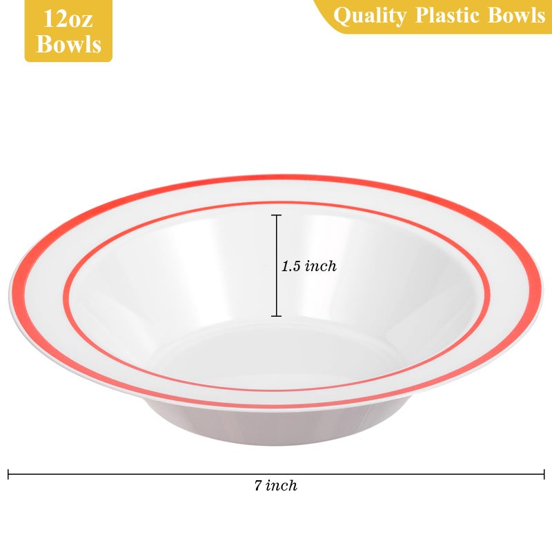 Goodluck 50 Pack Plastic Bowls with Red Rim, 12oz Disposable Soup Bowls, Heavy Duty Dessert Bowls for Weddings, Parties, Valentine's Day Dinners, Catering, Thanksgiving and Everyday Use - Image 3