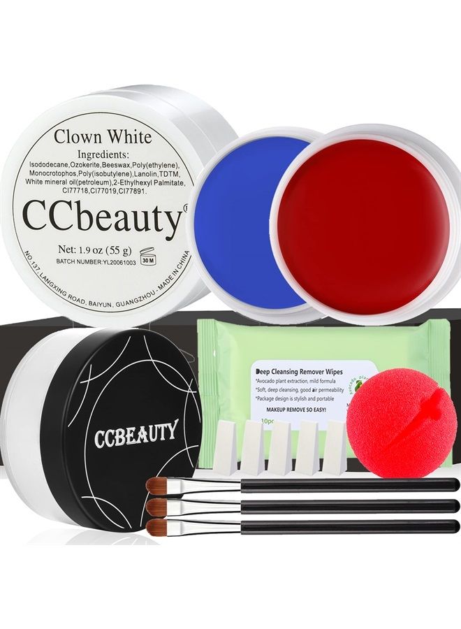 CCbeauty Clown Makeup Kit, Pro Large White(1.9Oz) Blue Red Face Body Paint Cream+Setting Powder+Red Nose+3 Brushes+5 Sponges, All-in-one for Joker Halloween Special Effects SFX Cosplay Costume Parties 