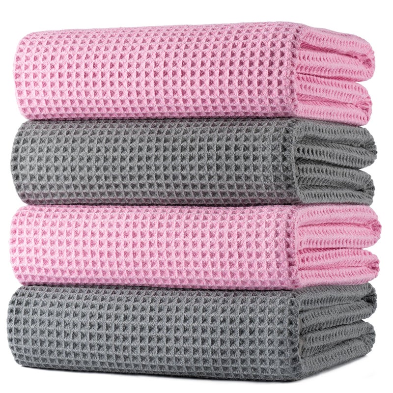 POLYTE Microfiber Oversize Quick Dry Lint Free Bath Towel  60 x 30 in  4 Pack (Gray Pink  Waffle Weave) - Image 1