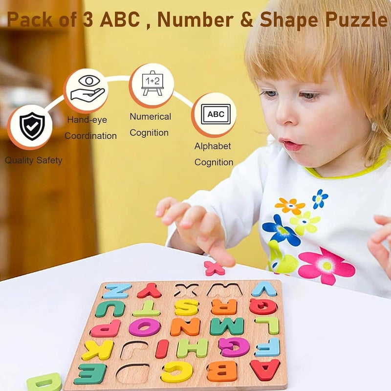 Winbar Wooden Puzzles for Toddlers, 3pack Alphabet Shape Puzzles for Kids 1-3 Wooden Montessori Toddler Puzzles Wooden Alphabet Number Shape Puzzles for Kids 1-3 Years Old Boys & Girls | 3 in 1 Wooden Puzzle, Alphanumeric Graphics Cognitive, for toddlers 3-5 make, natural wood, gift for a birthday - Image 4