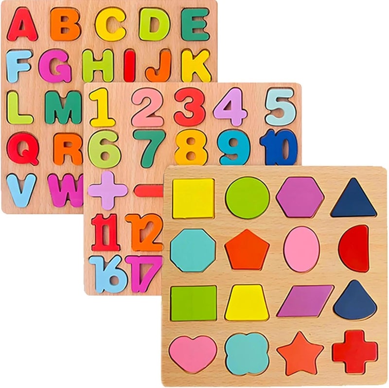 Winbar Wooden Puzzles for Toddlers, 3pack Alphabet Shape Puzzles for Kids 1-3 Wooden Montessori Toddler Puzzles Wooden Alphabet Number Shape Puzzles for Kids 1-3 Years Old Boys & Girls | 3 in 1 Wooden Puzzle, Alphanumeric Graphics Cognitive, for toddlers 3-5 make, natural wood, gift for a birthday - Image 1