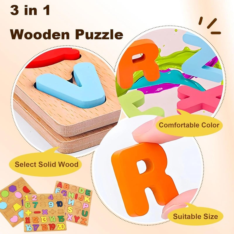 Winbar Wooden Puzzles for Toddlers, 3pack Alphabet Shape Puzzles for Kids 1-3 Wooden Montessori Toddler Puzzles Wooden Alphabet Number Shape Puzzles for Kids 1-3 Years Old Boys & Girls | 3 in 1 Wooden Puzzle, Alphanumeric Graphics Cognitive, for toddlers 3-5 make, natural wood, gift for a birthday - Image 3