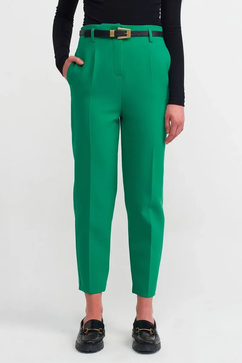 Dilvin Emerald Green DILVIN High-Waist Straight-Leg Crepe Trousers With Belt for Women | Best Price UAE