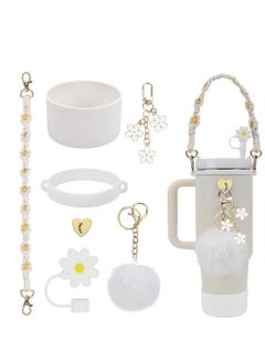 7pcs Cup Accessories for Stanley Set Including 1 Pcs Water Bottle Handle Strap 1 Pcs Siliocne Stanley Cup Boot 1 Pcs Siliocne Straw Cover, 2 Pcs Charms for Stanley Cup 40oz and 30oz Tumbler (White)