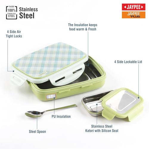 JAYPEE Ecosteel Sr. Inner Stainless Steel Insulated Lunch Box for School Kids |Airtight Leakproof Tiffin Box for Kids |Food Grade|BPA Free, 550 ml, Green - Image 5