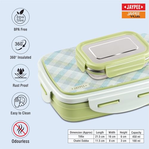 JAYPEE Ecosteel Sr. Inner Stainless Steel Insulated Lunch Box for School Kids |Airtight Leakproof Tiffin Box for Kids |Food Grade|BPA Free, 550 ml, Green - Image 3