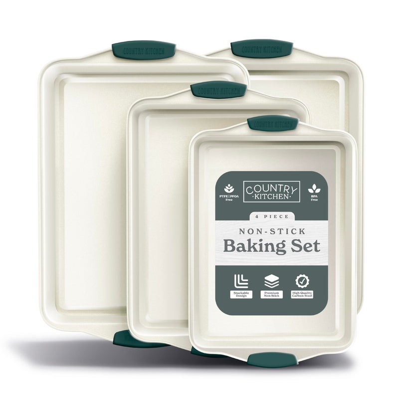 Country Kitchen Nonstick Stackable Bakeware Set - Heavy Duty, Durable, Easy Release Baking Set, Sage, 4 Pcs - Image 1