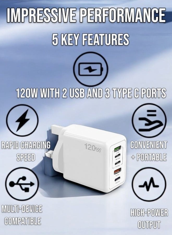 120W PD QC 3.0 Type C Fast Charger Adapter (white), 5-Port USB A & USB C Compatible with Samsung Galaxy S23/S22, Iphone 15/14/13 Pro Max, MacBook, Ipad, Laptops, OnePlus - Image 5