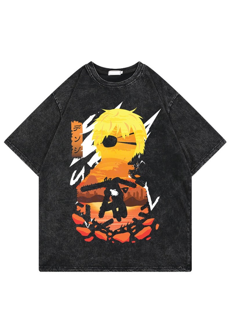 Washed retro T-shirt street hip hop anime chainsaw man casual cotton summer short sleeves - Image 1