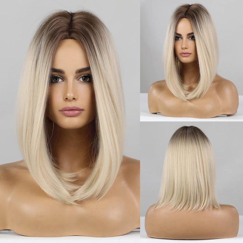 باروكة HAIRCUBE بلون أومبري أشقر بطول الكتف للنساء بجذور بني داكن وقصة وسطية مصنوعة من ألياف مقاومة للحرارة باروكة صناعية تبدو طبيعية يومياً