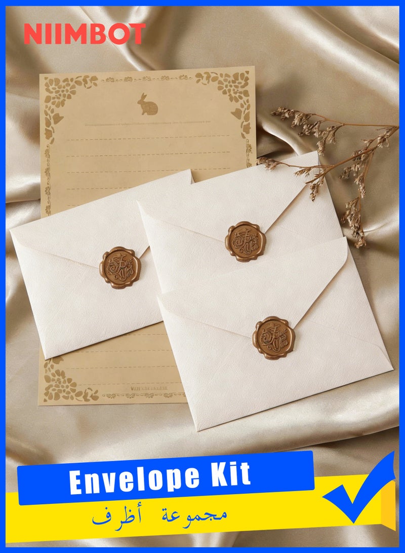 NIIMBOT 16 Pieces Envelope Kit Linen Envelopes Vintage Letter Writing Supplies, Self-Adhesive Wax Seal Stickers for Invitations, Romantic Love Letter Paper Set for Birthday Cards White Envelopes - Image 1