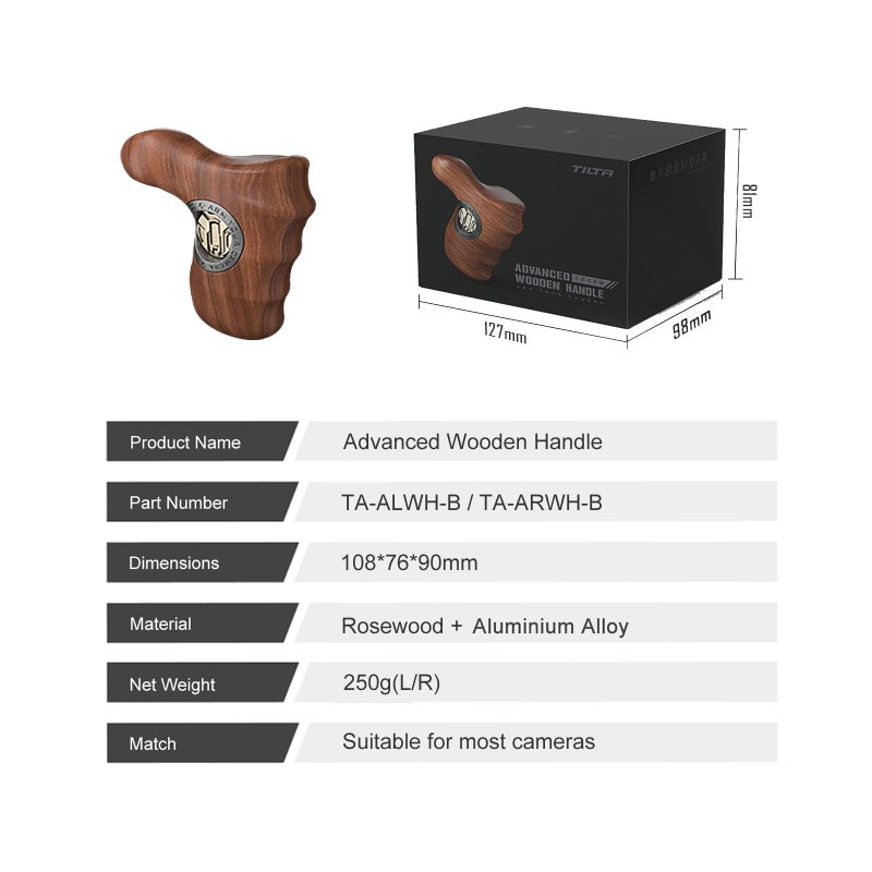 Tilta Advanced Right Side Wooden Handle (ARRI Rosette - Type X) | Black Walnut Wood & Aluminum Alloy Build | Quick Release Button - Image 3