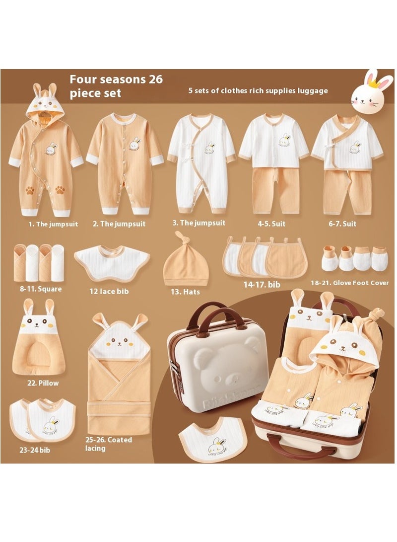 Newborn Baby Gift Set 26-Piece with Suitcase Bag – Soft Cotton Clothing Set with Hooded Blanket, Bib, Mittens, Hat, and Pajamas – Brown Bunny Design