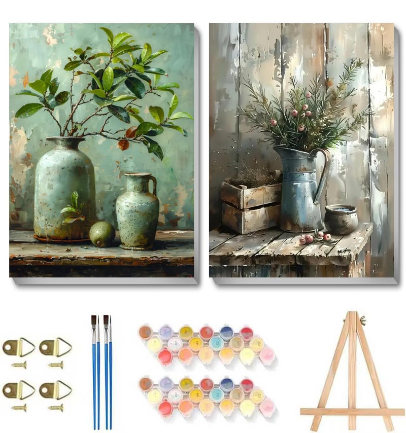 askkqtx 2 Pack Vintage Plant Paint by Numbers Kit for Adults, Pot Plants Paint by Numbers Kit for Adults with Frame, DIY Paint by Numbers Framed for Gift Home Wall Decor 8x12 Inch - Image 1