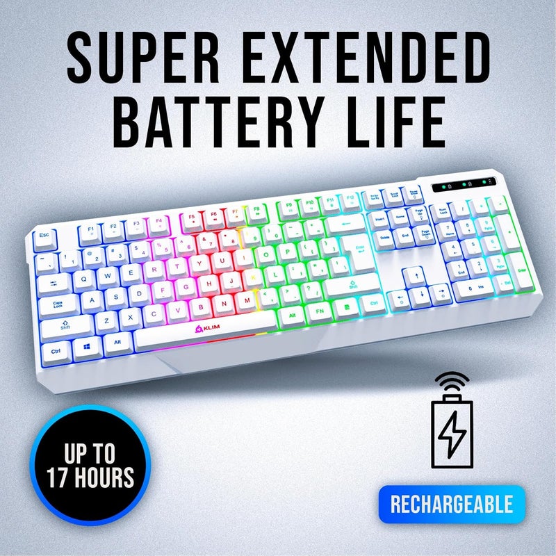 KLIM Chroma White Wireless Keyboard – RGB Backlit, Rechargeable Battery, Wireless Keyboard with Water-Resistant Durable Design, Compatible with PC, Mac, PS4, PS5 - Image 3