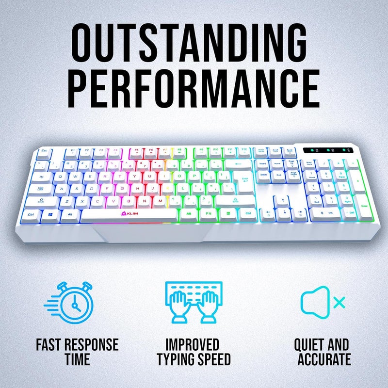 KLIM Chroma White Wireless Keyboard – RGB Backlit, Rechargeable Battery, Wireless Keyboard with Water-Resistant Durable Design, Compatible with PC, Mac, PS4, PS5 - Image 4