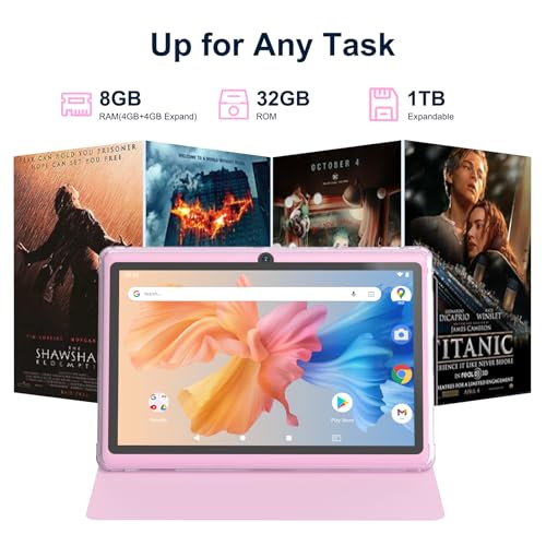 PEICHENG Android 14.0 Tablet 7", RAM 8GB(3+5Expand)+32GB ROM Tablets, Dual Camera, 1024 x 600 IPS Display Screen, 1TB Expand, Tablet with Case (Pink) - Image 4