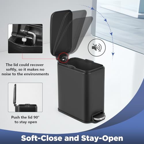 BestOffice Slim Trash Can with Lid, 1.3 Gallon Step Pedal Small Trash Can, Black Stainless Trash Bin for Bathroom, Bedroom, Kitchen, Office (5L) - Image 5