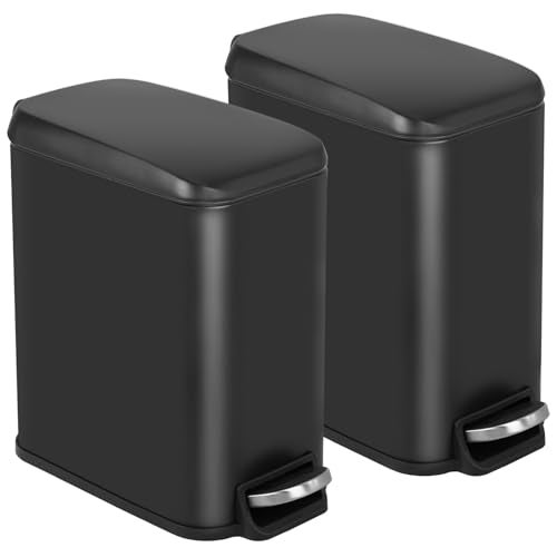 BestOffice Slim Trash Can with Lid, 1.3 Gallon Step Pedal Small Trash Can, Black Stainless Trash Bin for Bathroom, Bedroom, Kitchen, Office (5L) - Image 1