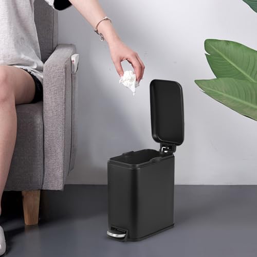 BestOffice Slim Trash Can with Lid, 1.3 Gallon Step Pedal Small Trash Can, Black Stainless Trash Bin for Bathroom, Bedroom, Kitchen, Office (5L) - Image 2