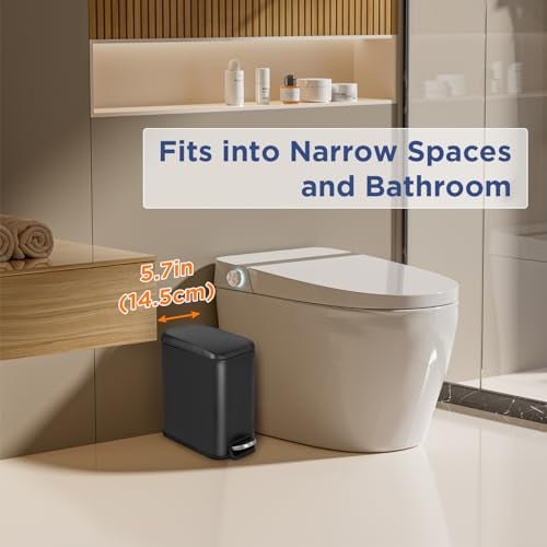 BestOffice Slim Trash Can with Lid, 1.3 Gallon Step Pedal Small Trash Can, Black Stainless Trash Bin for Bathroom, Bedroom, Kitchen, Office (5L) - Image 3