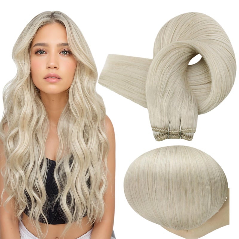 Full Shine Blonde Hair Extensions Sew In Weft Hair Extensions Human Hair Invisible Hair Extensions Real Human Hair Color White Blonde Human Hair Bundle Remy Straight Hair Weft 14 Inch 100G