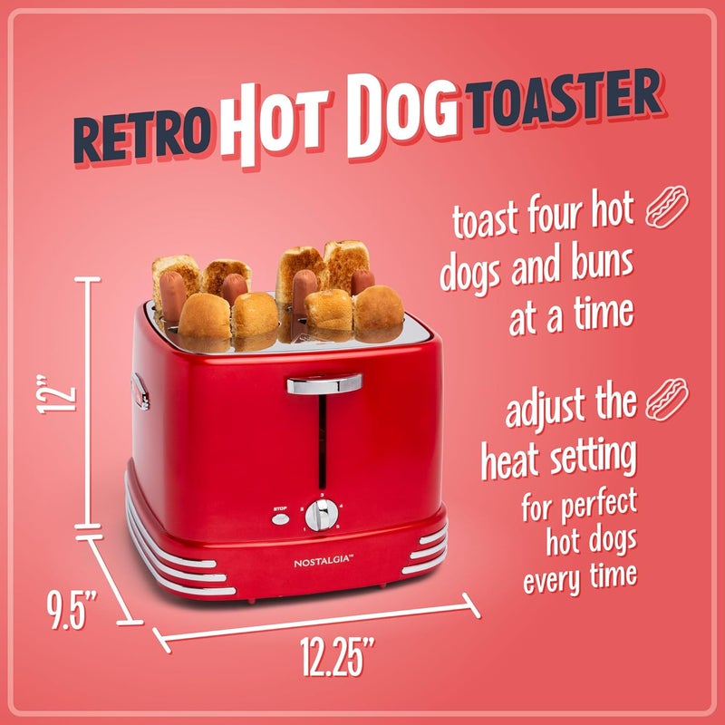 Nostalgia 4 Slot Hot Dog and Bun Toaster with Mini Tongs, Hot Dog Toaster Works with Chicken, Turkey, Veggie Links, Sausages and Brats, Metallic Red - Image 2