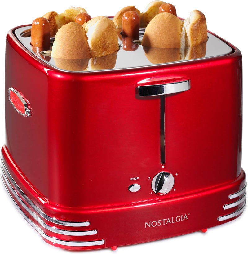 Nostalgia 4 Slot Hot Dog and Bun Toaster with Mini Tongs, Hot Dog Toaster Works with Chicken, Turkey, Veggie Links, Sausages and Brats, Metallic Red - Image 1