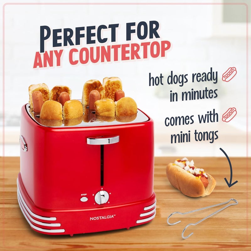 Nostalgia 4 Slot Hot Dog and Bun Toaster with Mini Tongs, Hot Dog Toaster Works with Chicken, Turkey, Veggie Links, Sausages and Brats, Metallic Red - Image 4