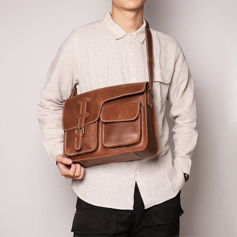 Men'S Genuine Leather Horizontal Shoulder Bag Crazy Horse Leather Women'S Crossbody Bag First Layer Cowhide Large Capacity Messenger Bag - Image 3