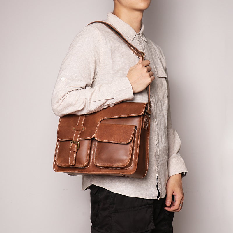 Men'S Genuine Leather Horizontal Shoulder Bag Crazy Horse Leather Women'S Crossbody Bag First Layer Cowhide Large Capacity Messenger Bag - Image 4