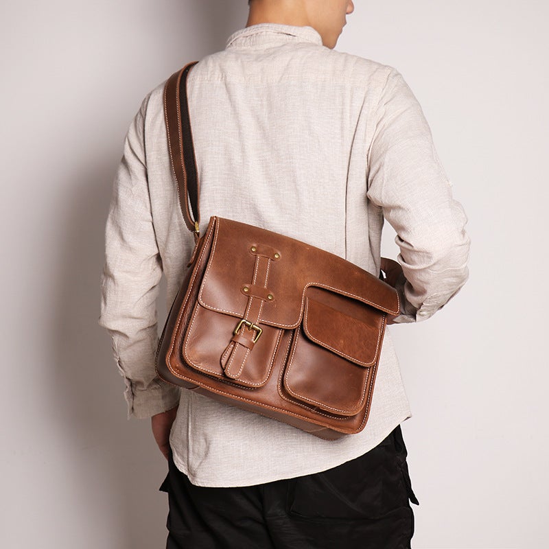 Men'S Genuine Leather Horizontal Shoulder Bag Crazy Horse Leather Women'S Crossbody Bag First Layer Cowhide Large Capacity Messenger Bag - Image 5