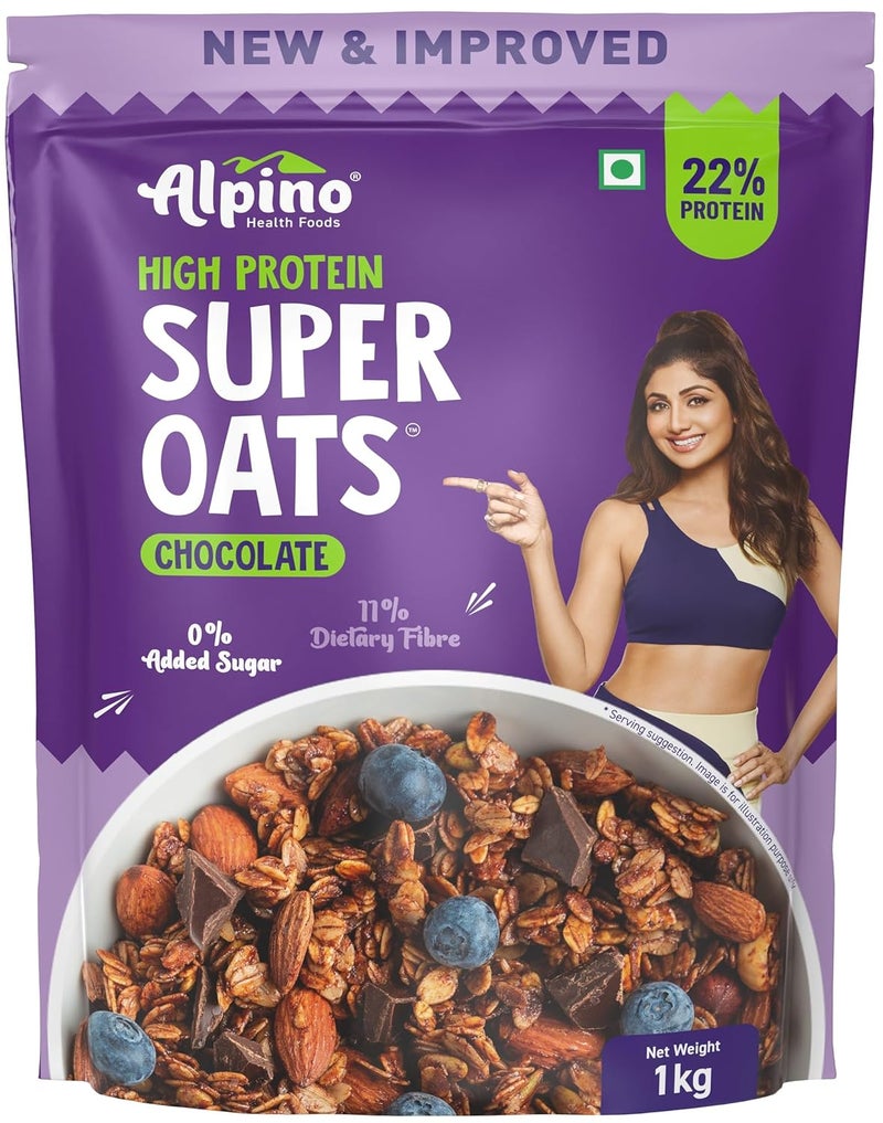 Alpino Super Oats Chocolate 1kg 22% High Protein – Rolled Oats, Natural Peanut Butter, Cocoa Powder, Nuts & Seeds – 22g Protein, Source of Dietary Fibre & Healthy Fats, No Added Sugar & Salt - Image 1
