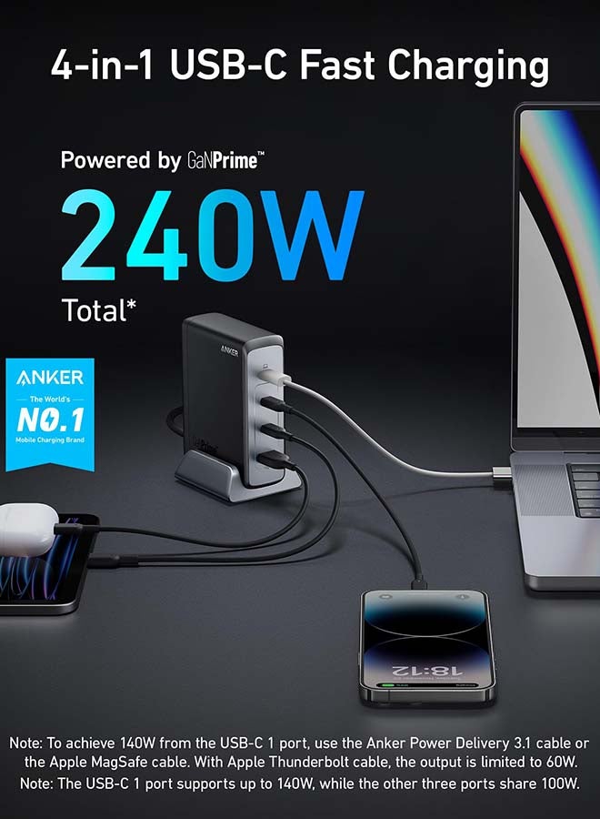 Anker 240W USB C Plug, Prime GaN Charger, 4-Port Fast Compact GaN Charger for MacBook Pro/Air, iPhone 17/16 Series, iPad Pro, Dell XPS, Galaxy S24/S23, Huawei, Xiaomi, Apple Watch, Vivo and More - Image 2