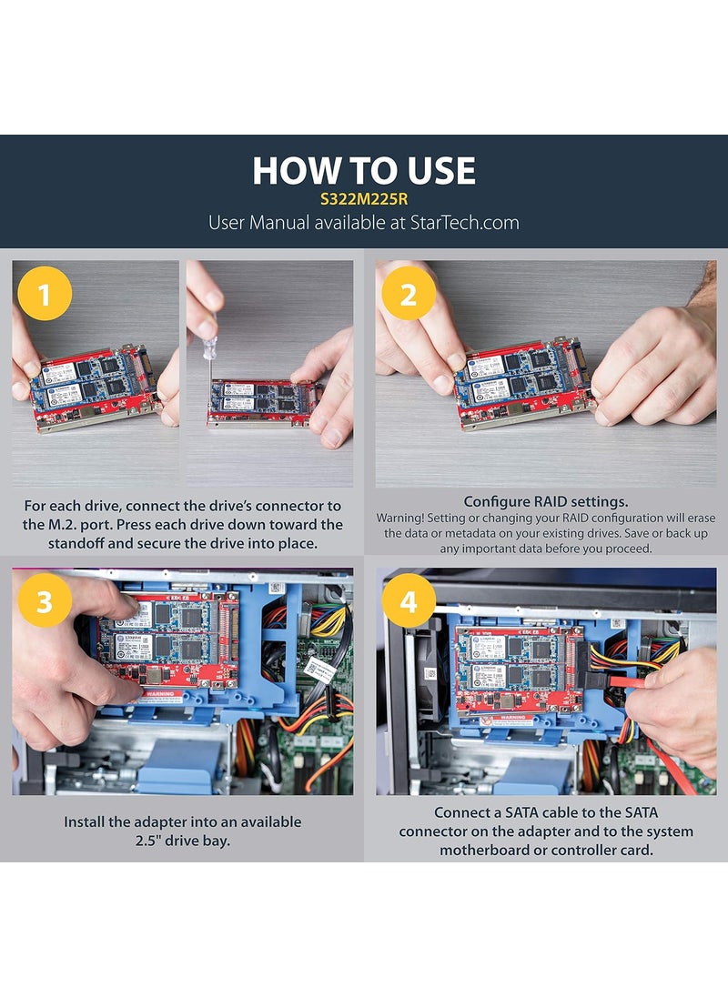 StarTech StarTechcom M2 to SATA Adapter  Dual Slot  for 25in Drive Bay  RAID  M2 SSD  M2 Adapter  M2 SSD Adapter  TAA S322M225R  - Image 4