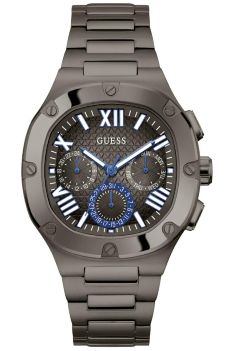 Guess Men's 42mm Watch - Black Strap Gunmetal Dial Silver Tone Case - Image 1