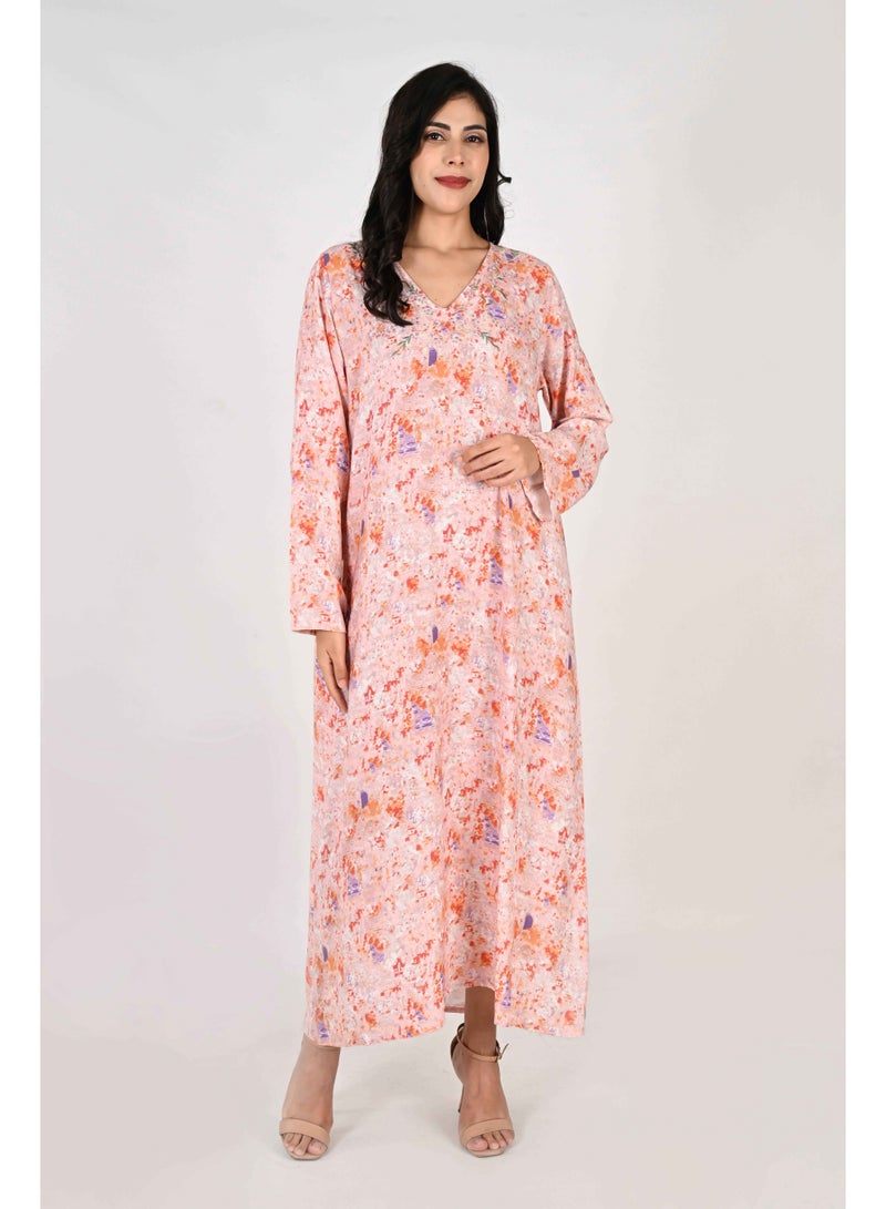 Linelle Ladies Jalabiya – Orange Abstract Print with Embroidered Neckline - Image 1