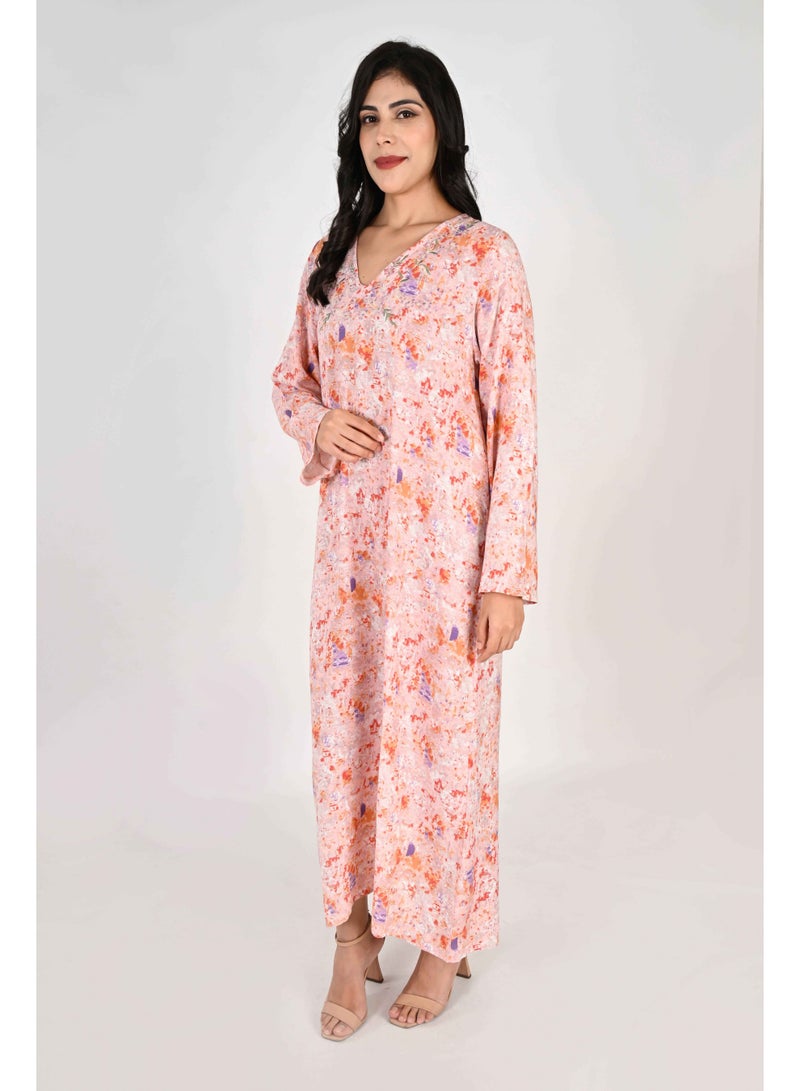 Linelle Ladies Jalabiya – Orange Abstract Print with Embroidered Neckline - Image 4