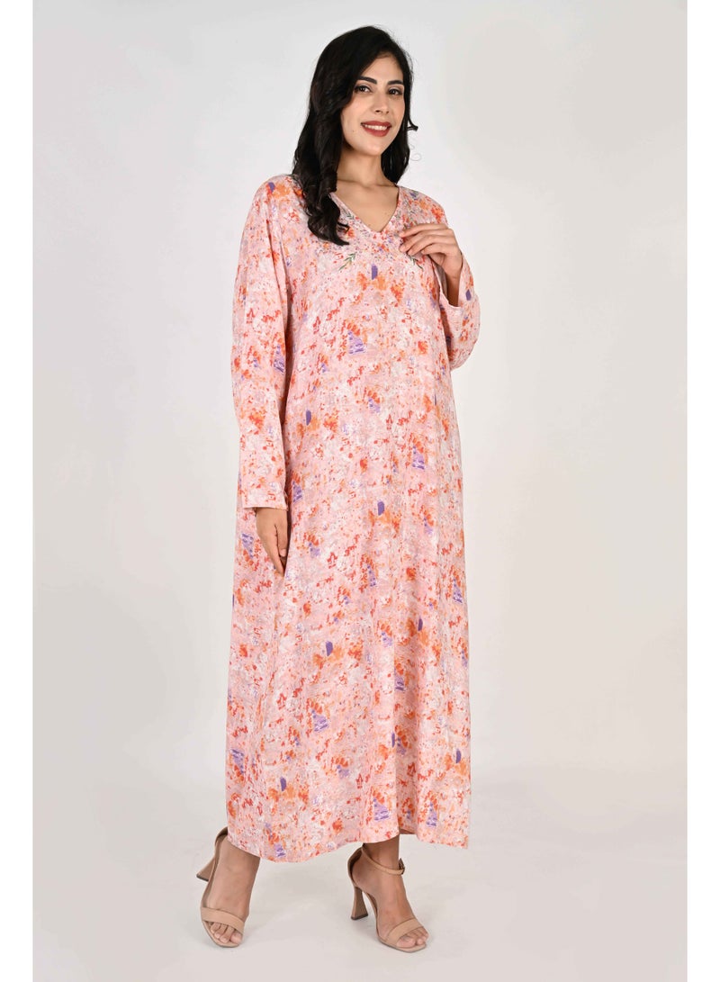 Linelle Ladies Jalabiya – Orange Abstract Print with Embroidered Neckline - Image 3