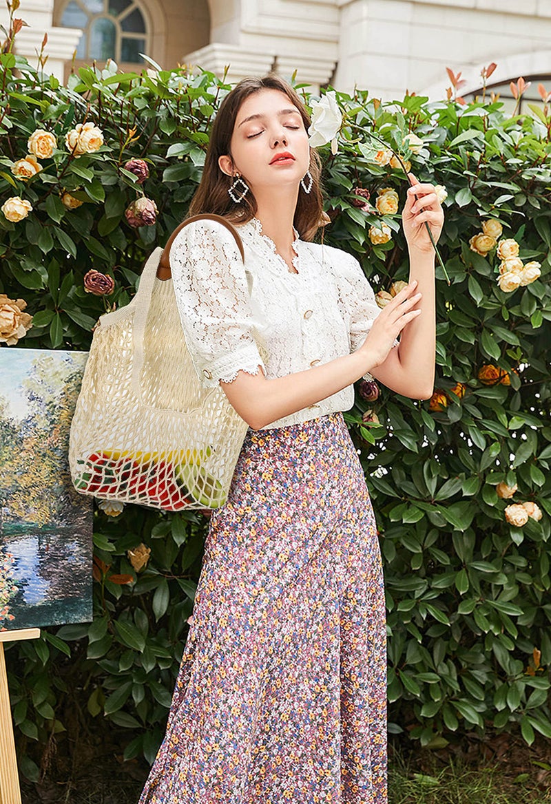 Hibala Woven Bag for Women, Fishing net bag,Straw Mesh Tote Bag, Beach,Hobo Bag, Foldable Large Capacity (White) - Image 2