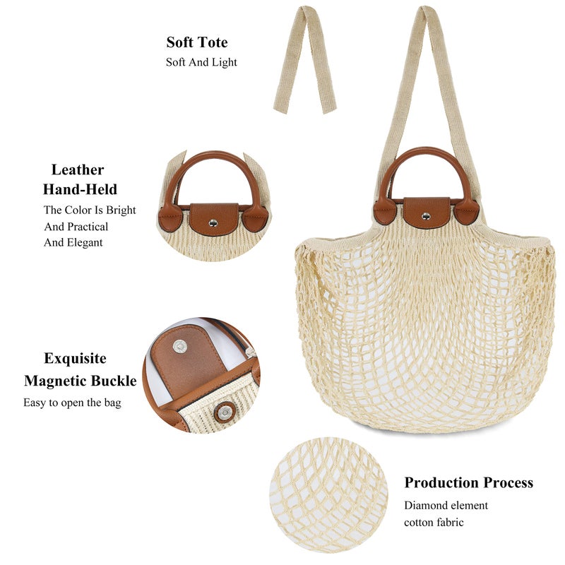 Hibala Woven Bag for Women, Fishing net bag,Straw Mesh Tote Bag, Beach,Hobo Bag, Foldable Large Capacity (White) - Image 4