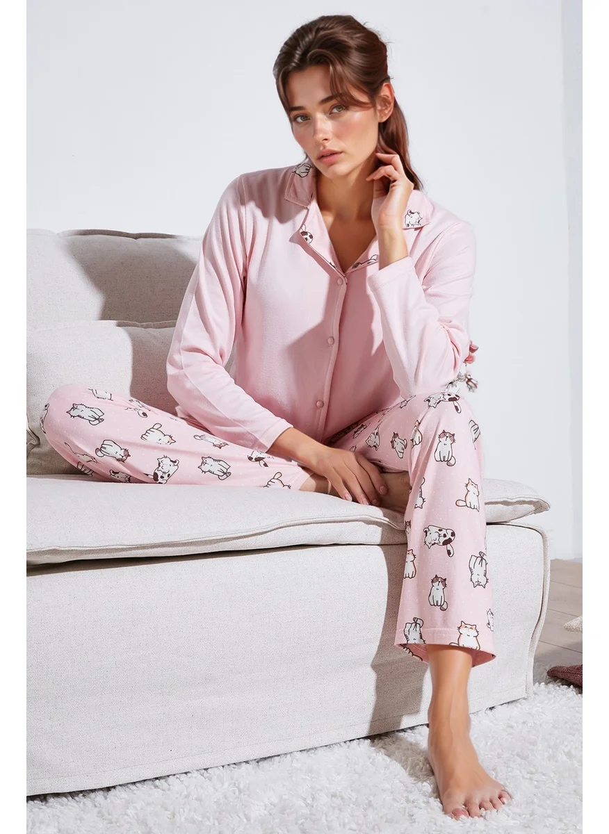 Lela Patterned Regular Fit Open Collar Elastic Waist Wide Leg Pajama Set Women's PAJAMAS SET 65714300