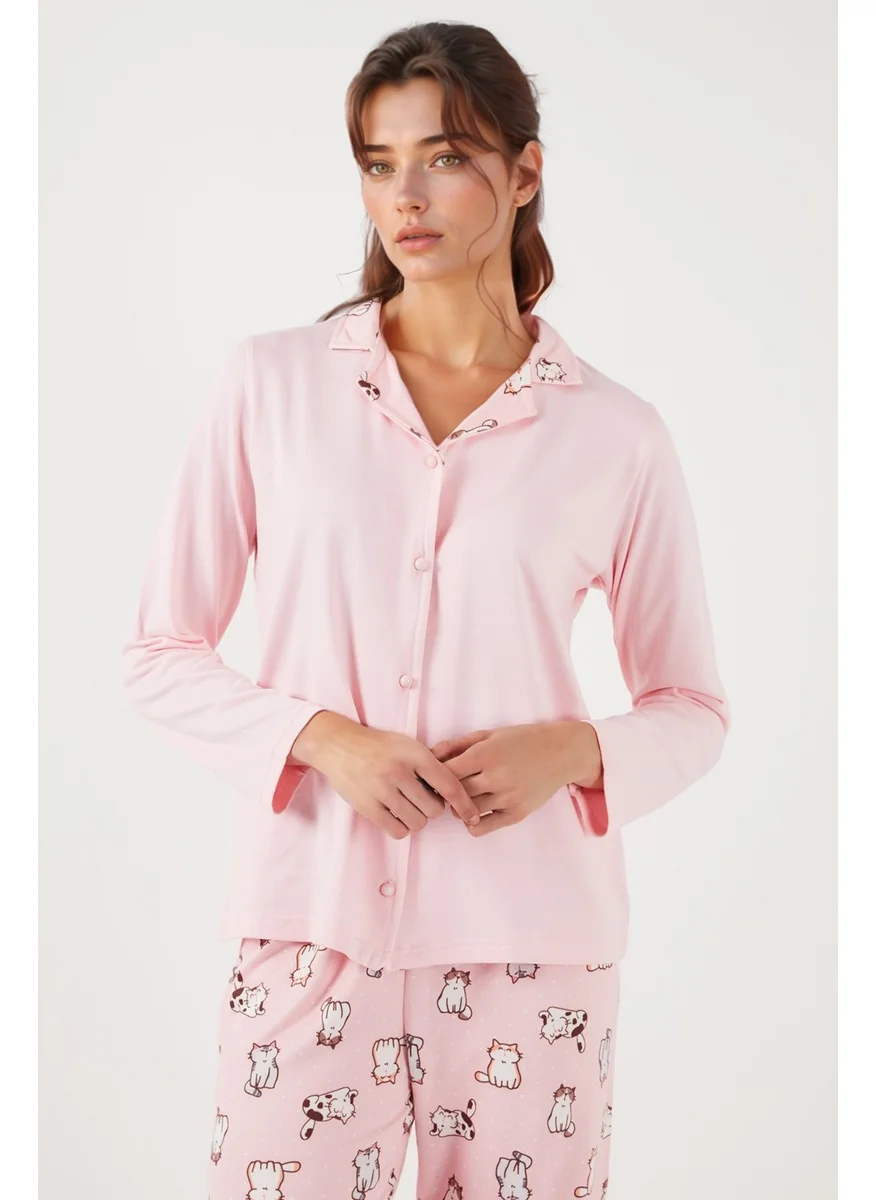 Lela Patterned Regular Fit Open Collar Elastic Waist Wide Leg Pajama Set Women's PAJAMAS SET 65714300