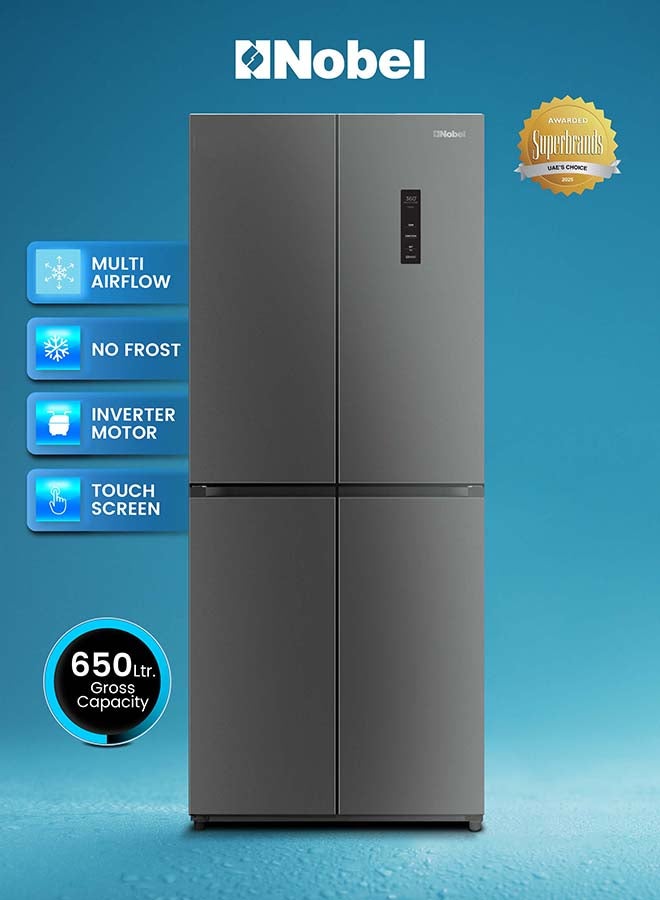Nobel 4-Door 650L Gross / 400L Net Refrigerator Inverter, No Frost, Multi Air Flow, LED, Tropical Cooling, Freezer Drawers, Glass Shelves - (1 Year Warranty) 600 W NR650 grey - Image 1