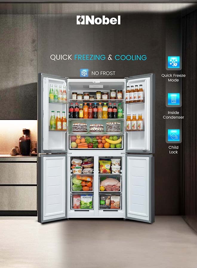 Nobel 4-Door 650L Gross / 400L Net Refrigerator Inverter, No Frost, Multi Air Flow, LED, Tropical Cooling, Freezer Drawers, Glass Shelves - (1 Year Warranty) 600 W NR650 grey - Image 2