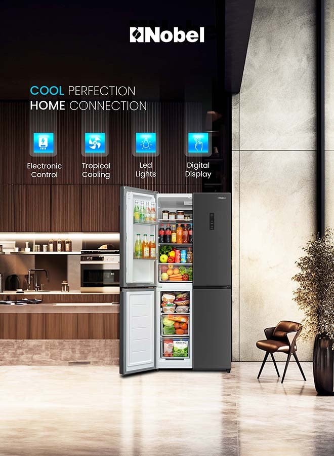 Nobel 4-Door 650L Gross / 400L Net Refrigerator Inverter, No Frost, Multi Air Flow, LED, Tropical Cooling, Freezer Drawers, Glass Shelves - (1 Year Warranty) 600 W NR650 grey - Image 5
