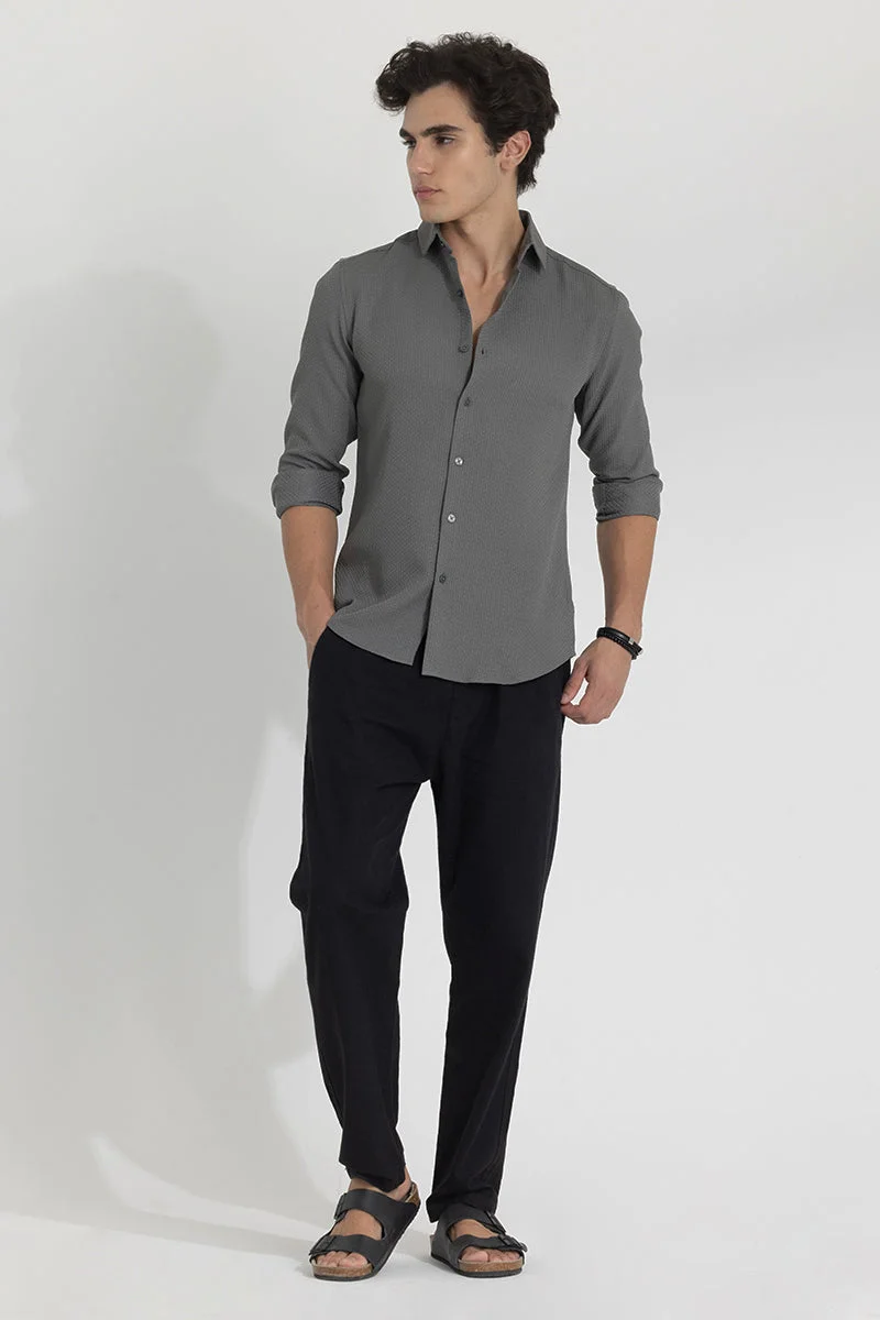 سنيتش Grey Textured Long Sleeve Slim Fit Casual Shirt