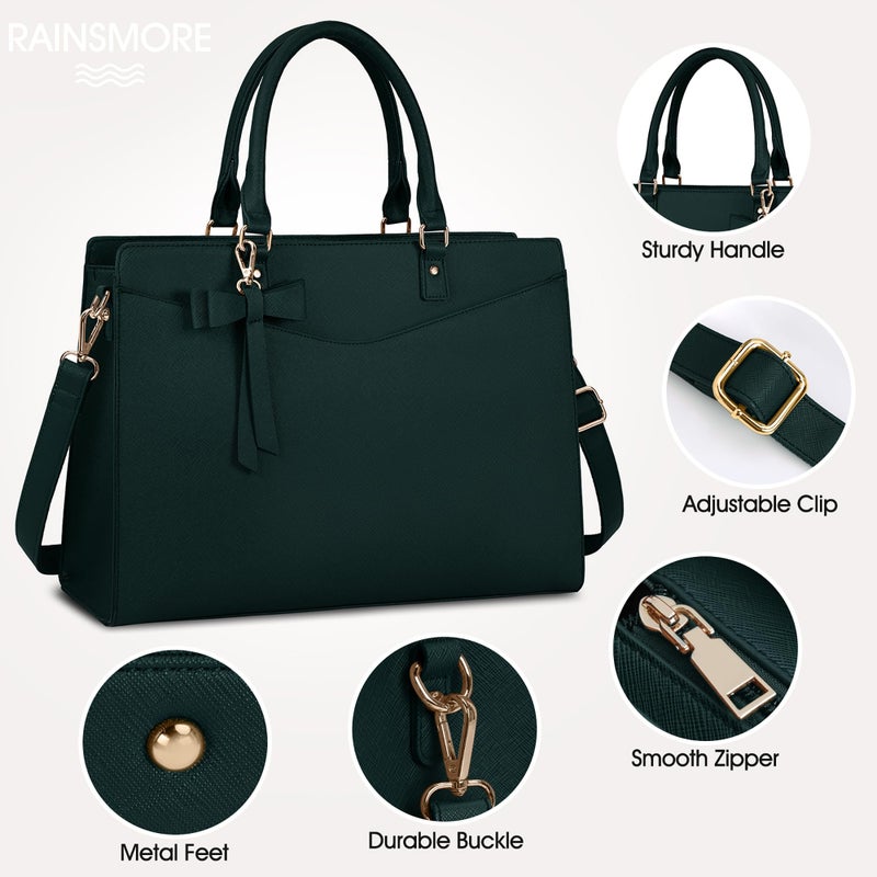 RAINSMORE Laptop Bag for Women 15.6 Inch PU Tote Bag Business Work Bag Waterproof Briefcase Computer Tote Lightweight Handbag Shoulder, Dark Green - Image 4