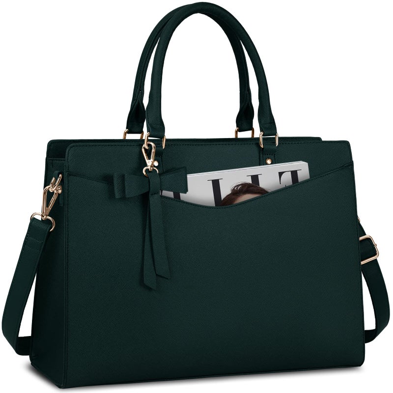 RAINSMORE Laptop Bag for Women 15.6 Inch PU Tote Bag Business Work Bag Waterproof Briefcase Computer Tote Lightweight Handbag Shoulder, Dark Green - Image 1